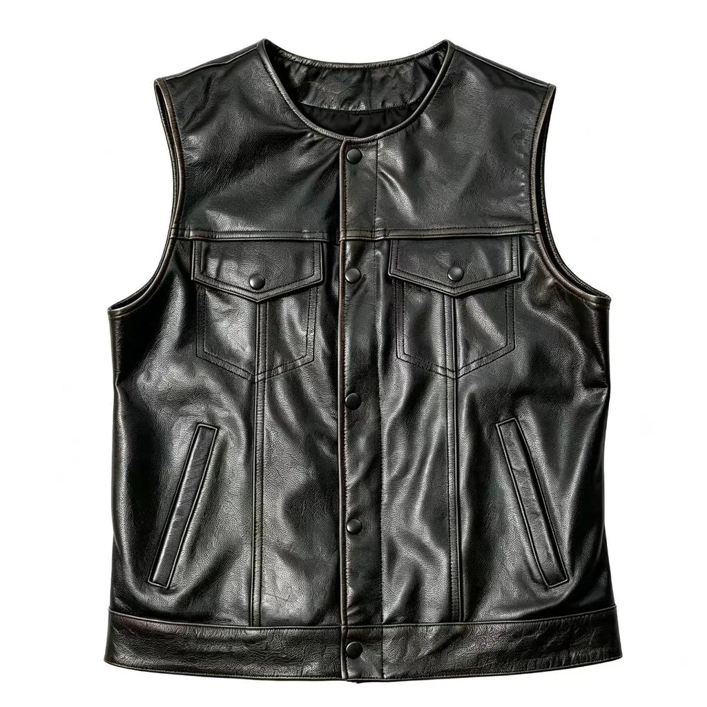 Red Brown Spring Leather Vest Men Retro Style Plus Size 6XL Genuine Natural Cowhide O-Neck Collar Slim Fit Short Sleeveless Coat