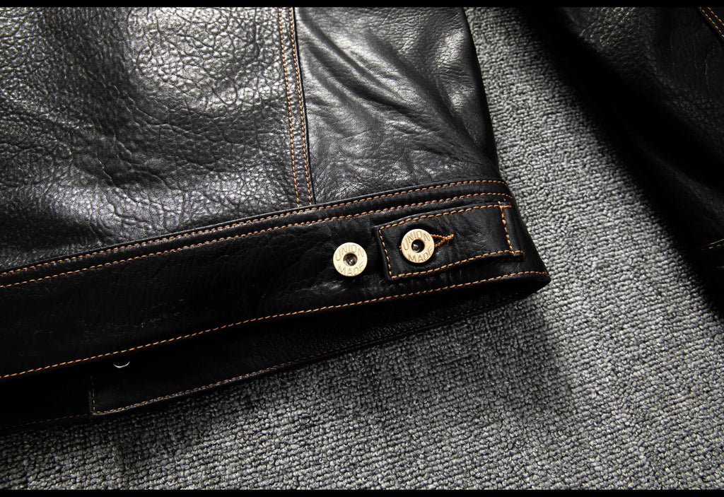Men's Genuine Sheepskin Leather Trucker Jacket Black Type III Denim Cut Cream Contrast Stitch Brass Snap Short Casual Coat