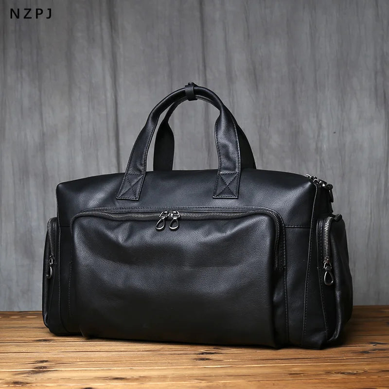 NZPJ Genuine Leather Men's Travel Bag, Casual Top Layer Cowhide Crossbody Bag, Laptop Bag, Large Capacity Luggage Bag Business