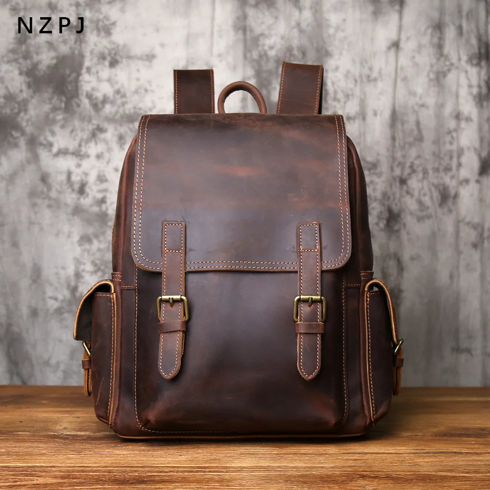 NZPJ Vintage Genuine Leather Men Backpack Large Capacity Top-Grain Cowhide Backpack Casual Trendy Crazy Horse Leather Laptop Bag