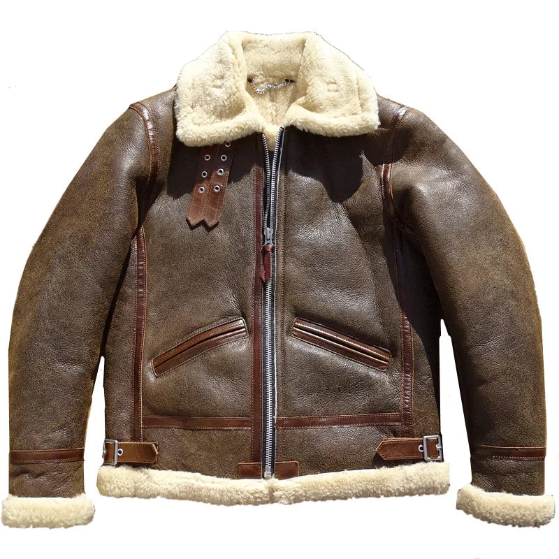 Dark Brown Winter Shearling Jacket Men Retro Style Plus Size 4XL Genuine Natural Thick Sheepskin Turn-Down Collar Flight Coat