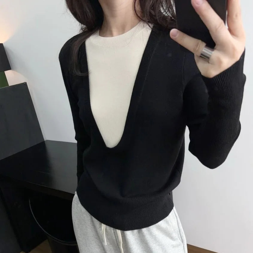 Andy Velvet Washed Large U-Neck Layered Slim Fit Knitwear Design Sensation Color Block Autumn Winter Top Polo Collar Sleeveless