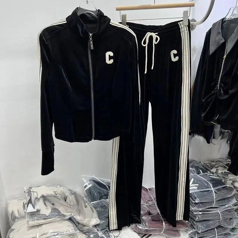 Elegant Velvet Sportswear Set for Women Straight Leg Pants High Collar Jacket Autumn Fashion Comfortable Casual Outfit Two Pi...