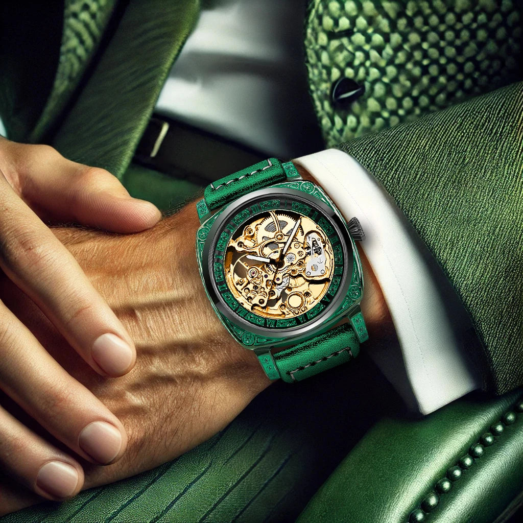 New Men's Watch with Gold Green Belt, Retro Style, Noble and Elegant Night Light Carving, Fully Automatic Mechanical Watch