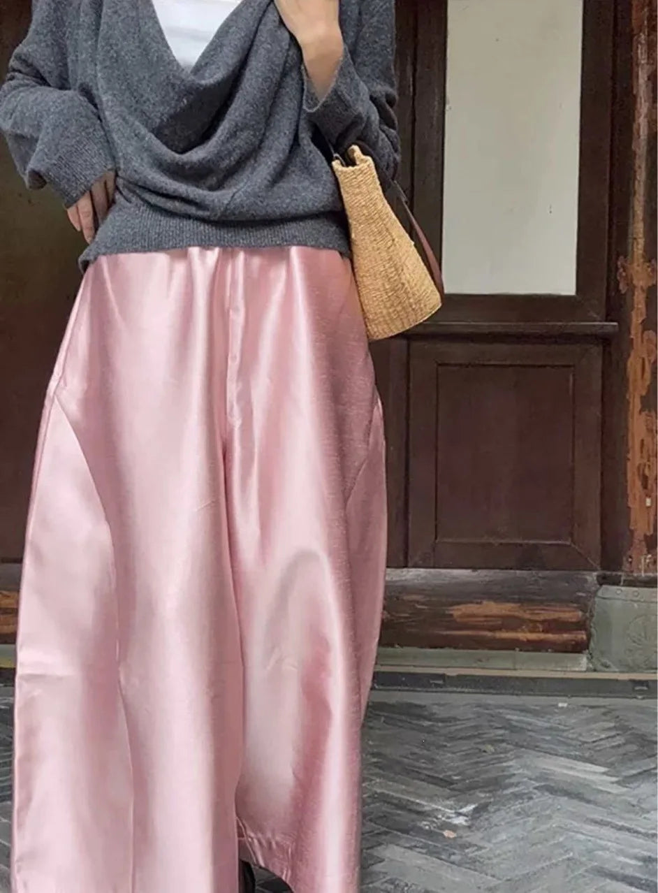 New Chinese Style Nine-Piece Silk-Light Casual Pants Women's Loose Fit Trousers in Peach Blossom White Elegant And Retro