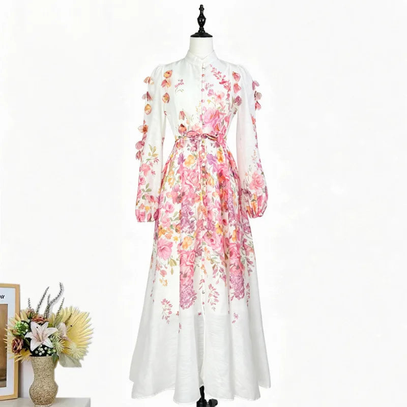 Elegant Street Style Long Dress with Lantern Sleeves Single Button Stand Collar Floral Print High-End Feeling for Ladies