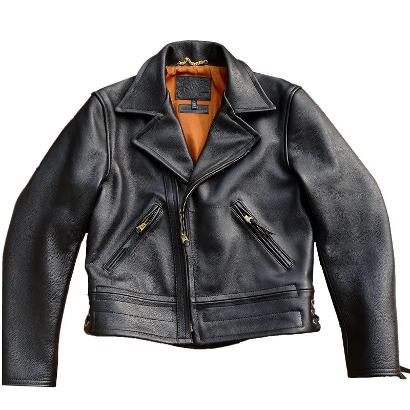 Black Winter Leather Jacket Men Sports Style Plus Size 5XL Genuine Natural Thick Cowhide Turn-Down Collar Mounted Police Coat