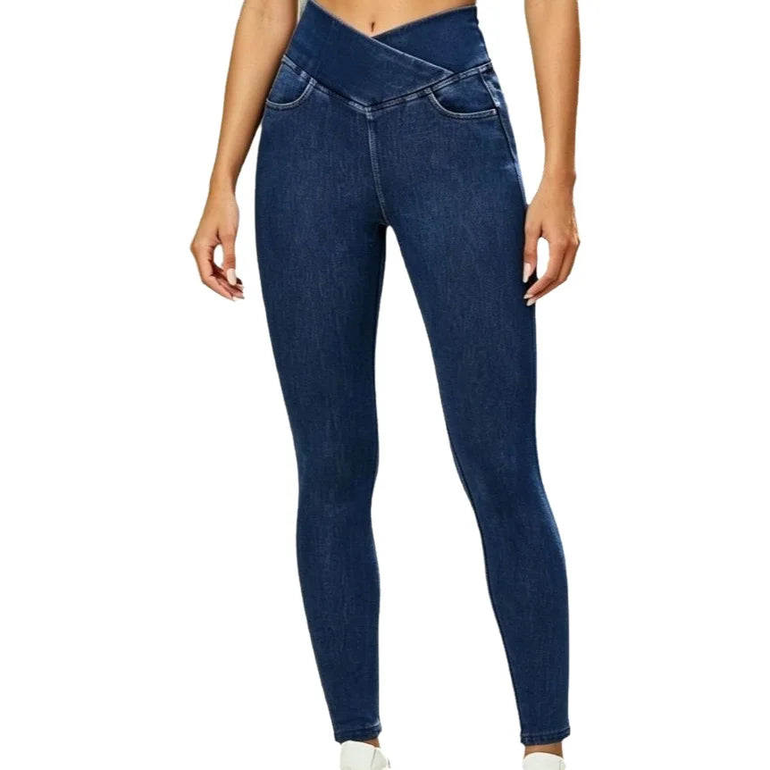 High Elasticity Yoga Jeans Women's Casual Straight Leg Pocket Design Slimming Tight Fit Princess Series Polyester Fiber