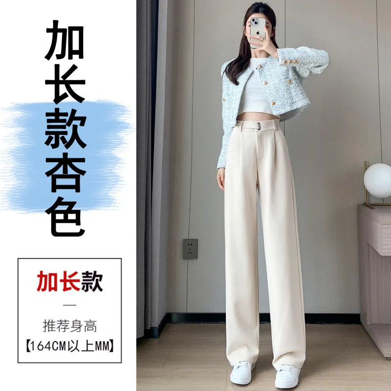 Thickened Fleece Lined Winter Wide Leg Pants High Waist Floor Length Straight Cut Casual Trousers for Women Woolen Suiting