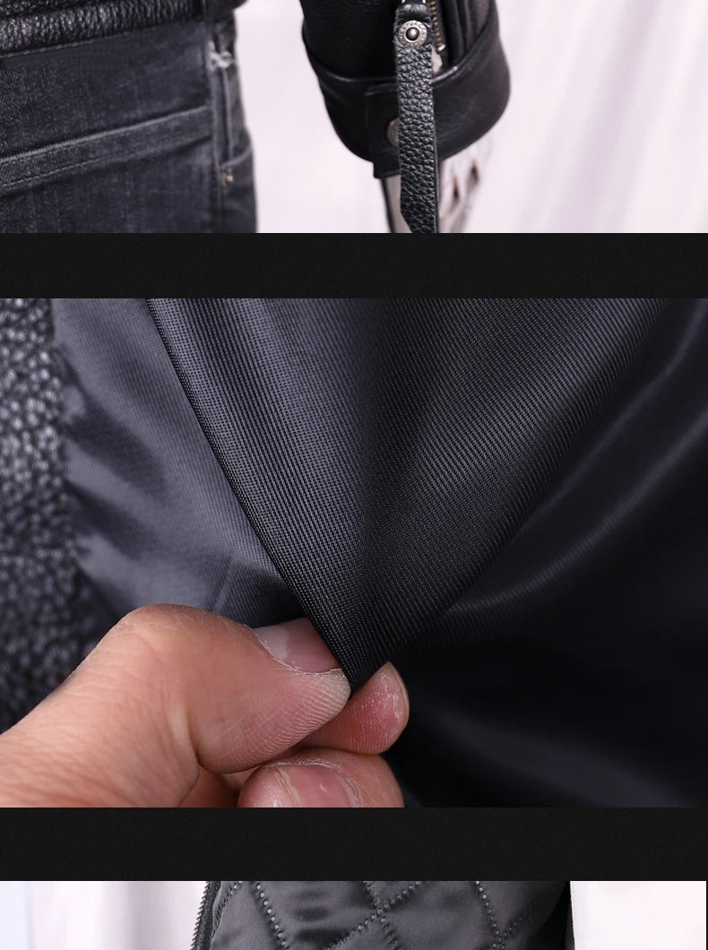 Black Autumn Leather Jacket Men Sports Style Plus Size 5XL Genuine Natural Cowhide Stand Collar Slim Fit Short Coat