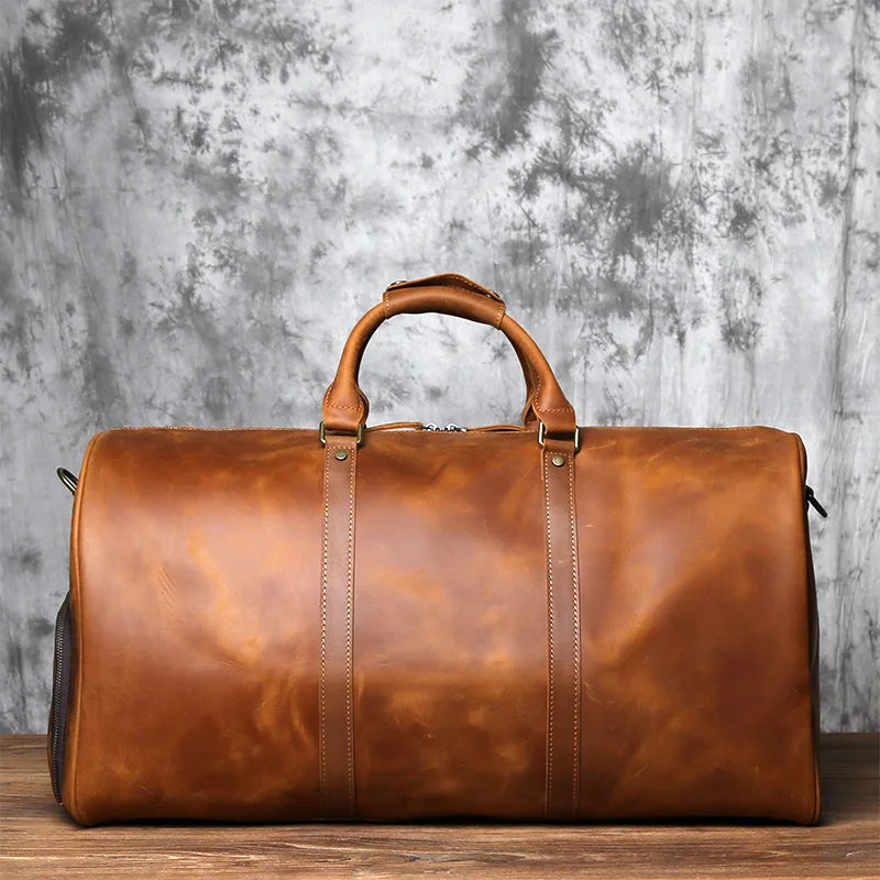NZPJ Retro Crazy Horse Leather Men's Large-Capacity Travel Bag Leather Luggage Bag Top Layer Cowhide Handbag Shoulder Bag