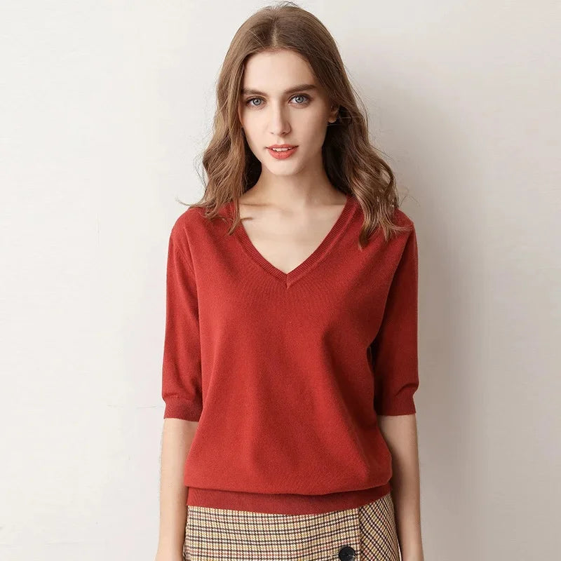 Spring Autumn New Style V-Neck Thin Knitted Loose Short Sleeve Women's T-Shirt Thin Summer Top Comfortable Base Layer Shirt