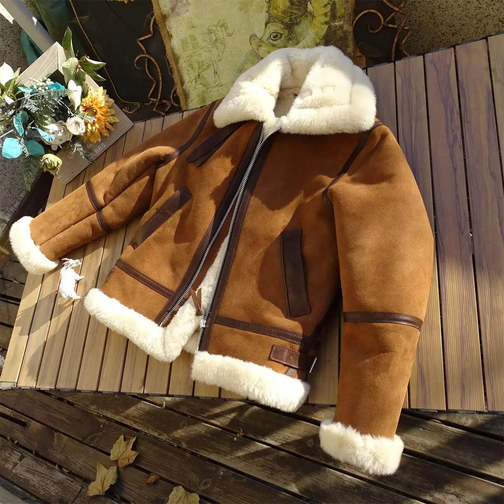Brown Winter Shearling Jacket Men Military Style Plus Size 4XL Genuine Natural Thick Sheepskin Turn-Down Collar Flight Coat