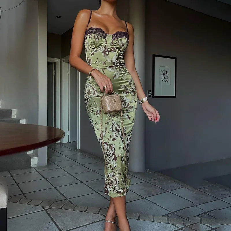 Lace Contrast Trim Floral Print Long Knitted Wrap Dress with Side Slits Sleeveless Women's Dress Casual Comfortable Nightgown