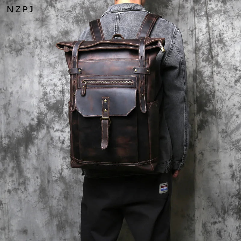 NZPJ Vintage Genuine Leather Men's Backpack Crazy Horse Leather Computer Bag Natural Top Layer Cowhide Backpack Travel Bag