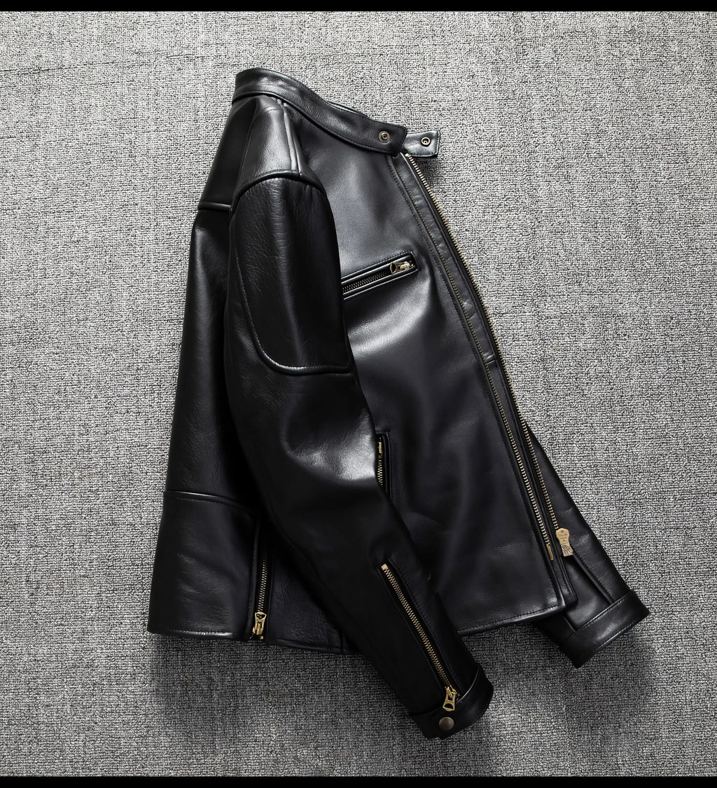 Black Autumn Leather Jacket Men Retro Style Plus Size 6XL Genuine Natural Cowhide Stand Collar J100 Motorcycle Sports Coat