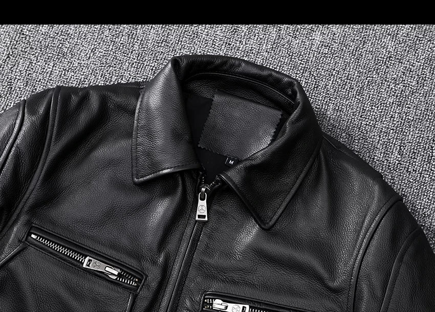 Black Autumn Leather Jacket Men Retro Style Plus Size 8XL Genuine Natural Cowhide Turn-Down Collar Smart Casual Coat