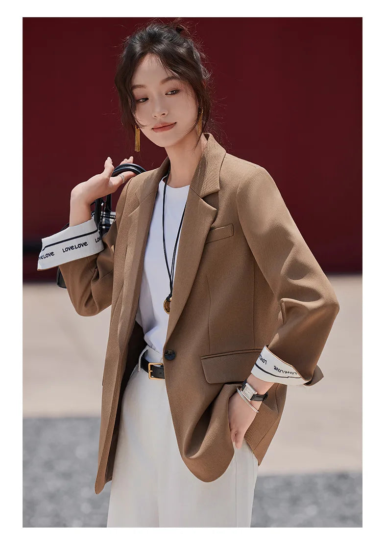 Café Brown Women's Casual Fashionable Suit Jacket Elegant Atmosphere Spring Autumn Season Polyester Spandex Commute Style
