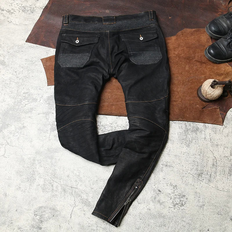 Black Spring Leather Trousers Men Retro Style Plus Size 4XL Genuine Natural Sheepskin Add Protection Device Motorcycle Pants