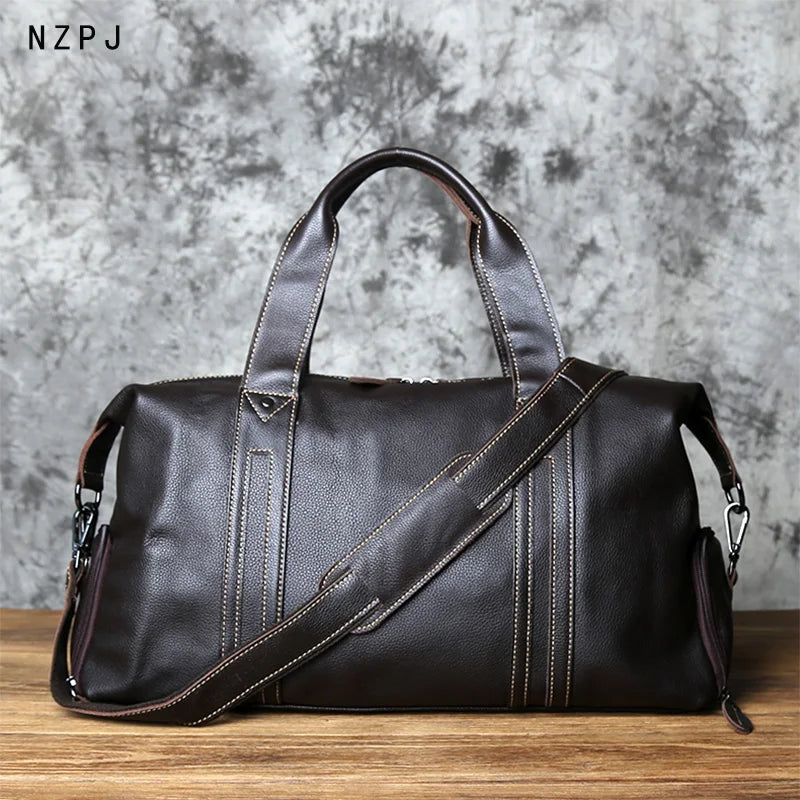 NZPJ Vintage Leather Men Travel Bag Natural Cowhide Handbag Casual Shoulder Messenger Computer  Bag Large Capacity Luggage Bag