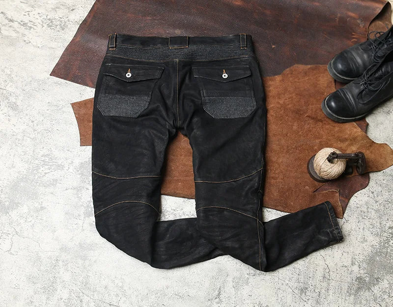 Black Spring Leather Trousers Men Retro Style Plus Size 4XL Genuine Natural Sheepskin Add Protection Device Motorcycle Pants