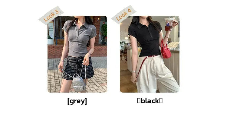 American Style Collared Short Sleeve T-Shirt Women Summer Slim Fit Flattering Short Length Fashionable Casual Commute Wear