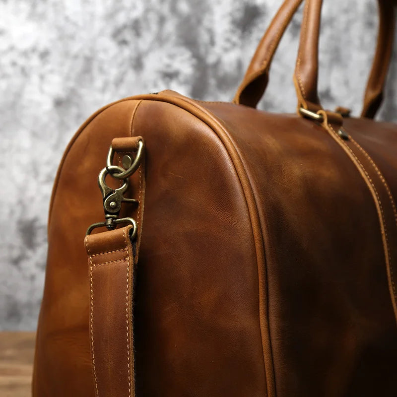 NZPJ Men's Retro Leather Large-capacity Travel Bag Crazy Horse Leather Handbag Top Layer Cowhide Business Trip Shoulder Bag