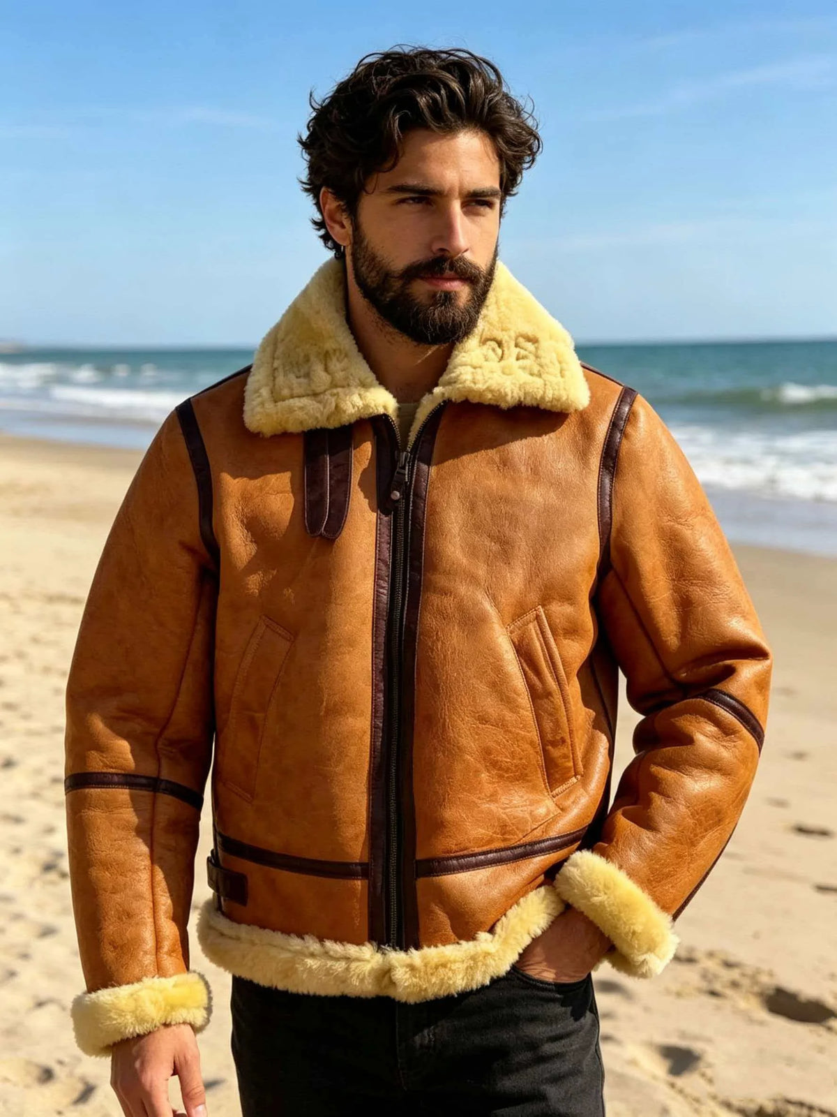 Orange Winter Shearling Jacket Men Vintage Style Plus Size 5XL Genuine Natural Sheepskin Thick Warm Bomber Military Flight Coat