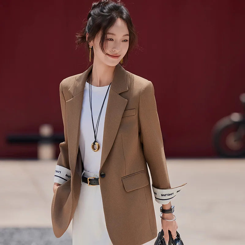 Café Brown Women's Casual Fashionable Suit Jacket Elegant Atmosphere Spring Autumn Season Polyester Spandex Commute Style