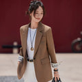 Café Brown Women's Casual Fashionable Suit Jacket Elegant Atmosphere Spring Autumn Season Polyester Spandex Commute Style