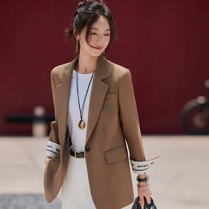 Café Brown Women's Casual Fashionable Suit Jacket Elegant Atmosphere Spring Autumn Season Polyester Spandex Commute Style
