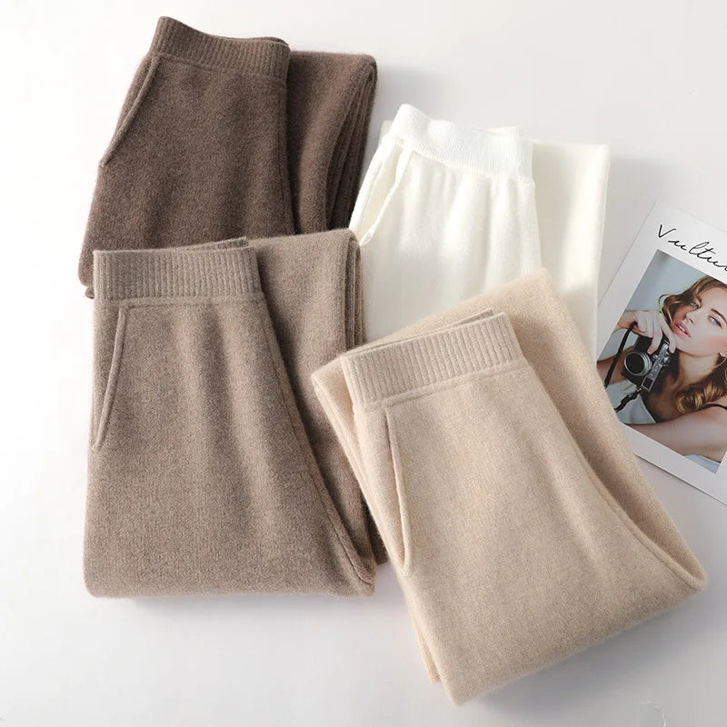 Loose Knitted Cashmere Wide Leg Pants Women's Autumn Winter Woolen Straight Cut Trousers Floor Length Pocket Design Elegant