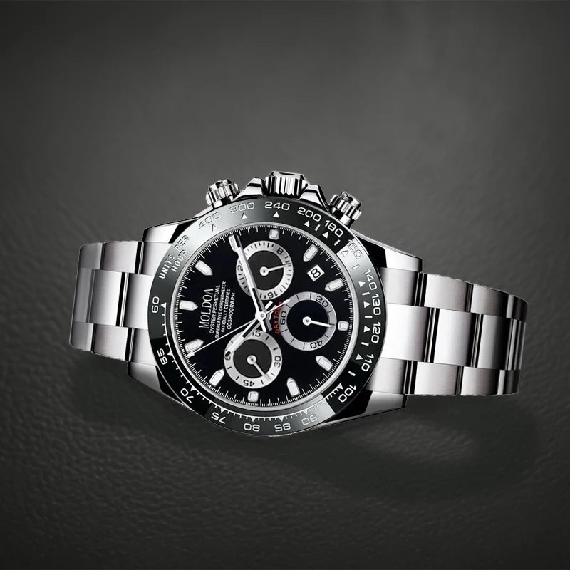 A Men's Silver Steel Strap Trendy Business Trinocular Multi-Function Graduated Quartz Watch