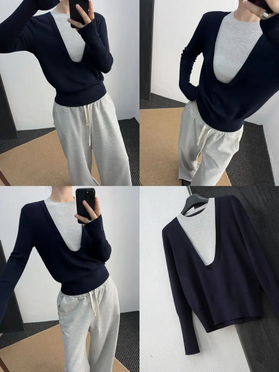 Andy Velvet Washed Large U-Neck Layered Slim Fit Knitwear Design Sensation Color Block Autumn Winter Top Polo Collar Sleeveless