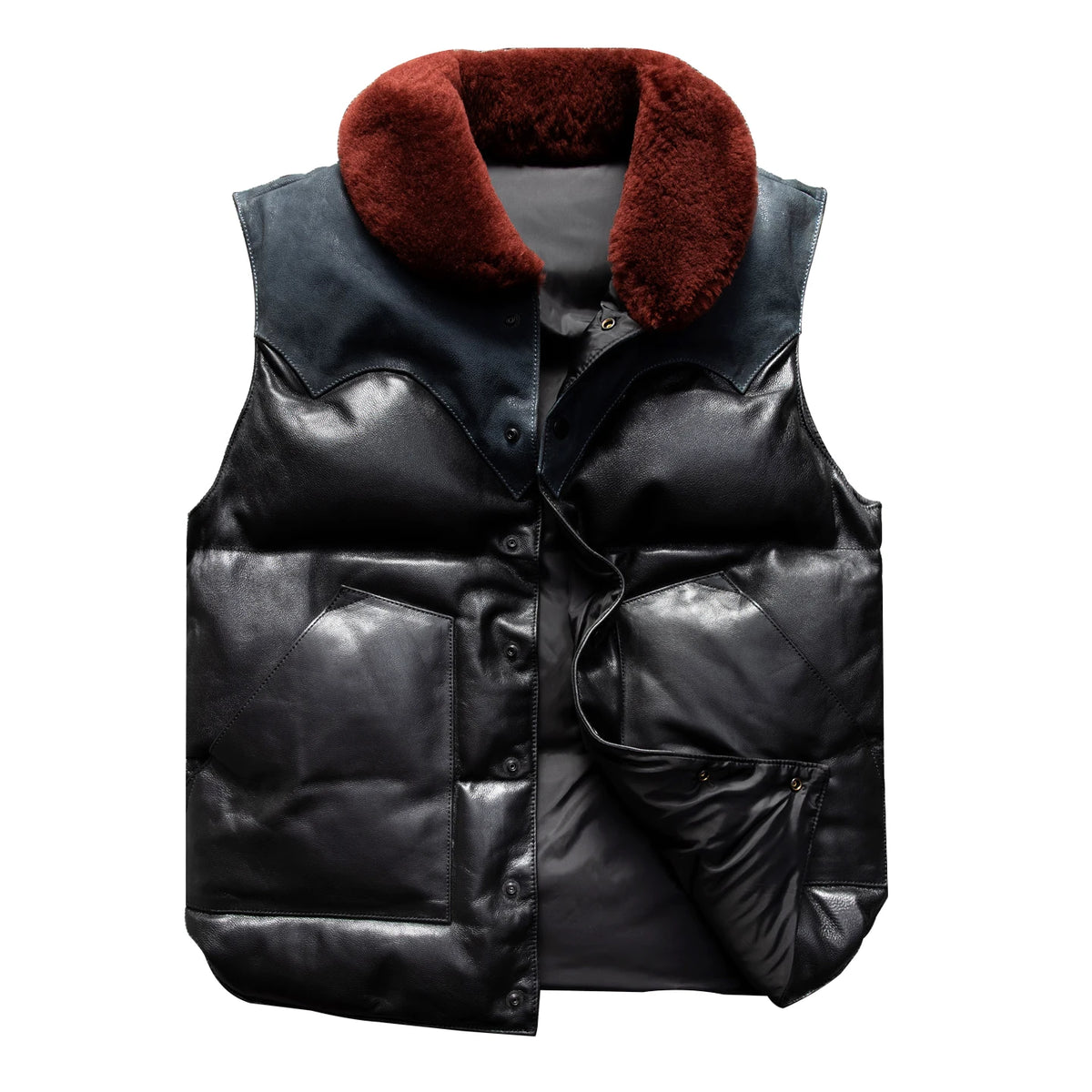 Black Blue Winter Vest Men Retro Style Plus Size 5XL Genuine Natural Sheepskin Wool Collar Single Breasted Spliced Down Vest