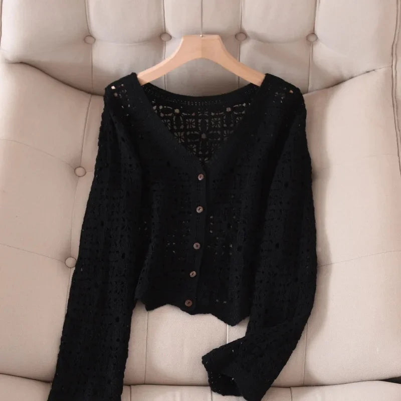 Elegant Black V-neck Long Sleeve Knitted Open Cardigan Women's Hollow out Embroidery Minimalist Versatile Item Summer Thin