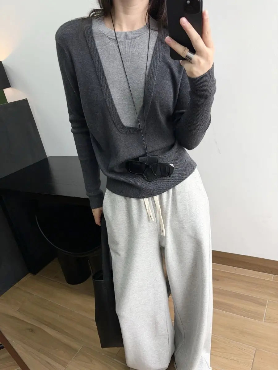Andy Velvet Washed Large U-Neck Layered Slim Fit Knitwear Design Sensation Color Block Autumn Winter Top Polo Collar Sleeveless