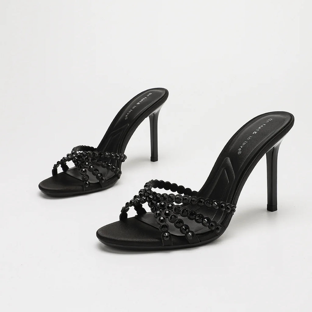Fashionable Diamond Strap High Heels Sandals Women's Summer Party Shoes Fine Heel Versatile Elegant Ladies' Slip-On Slippers