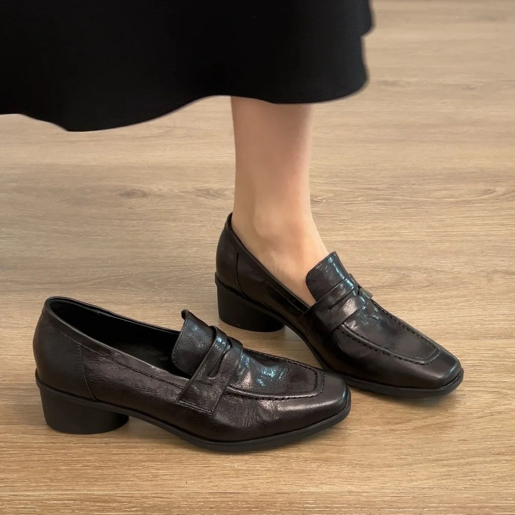 Trendy Work Shoes Women's Slip-On Loafers Artistic Style High Intelligence Sensation British Style Square Head Thick Heel Lea...