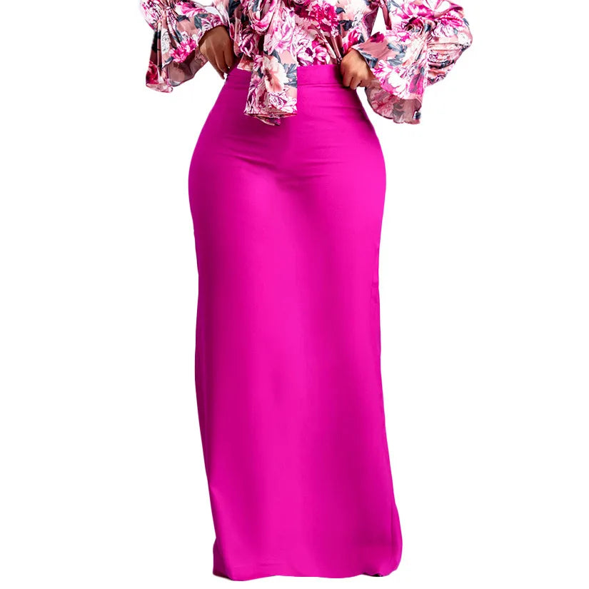 Elegant High Waist Midi Skirt African Fashion Women's New 2025 Pure Color Polyester Blend Skirt for Business And Leisure