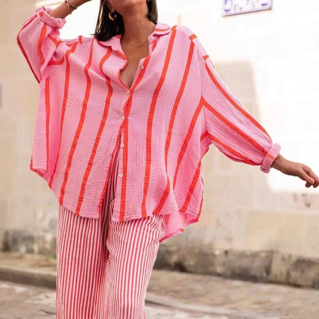 Women's Long Sleeve Button Cardigan Striped Shirt Slim Fit Polo Collar Full Length Autumn Winter New Style Cross Border Independ