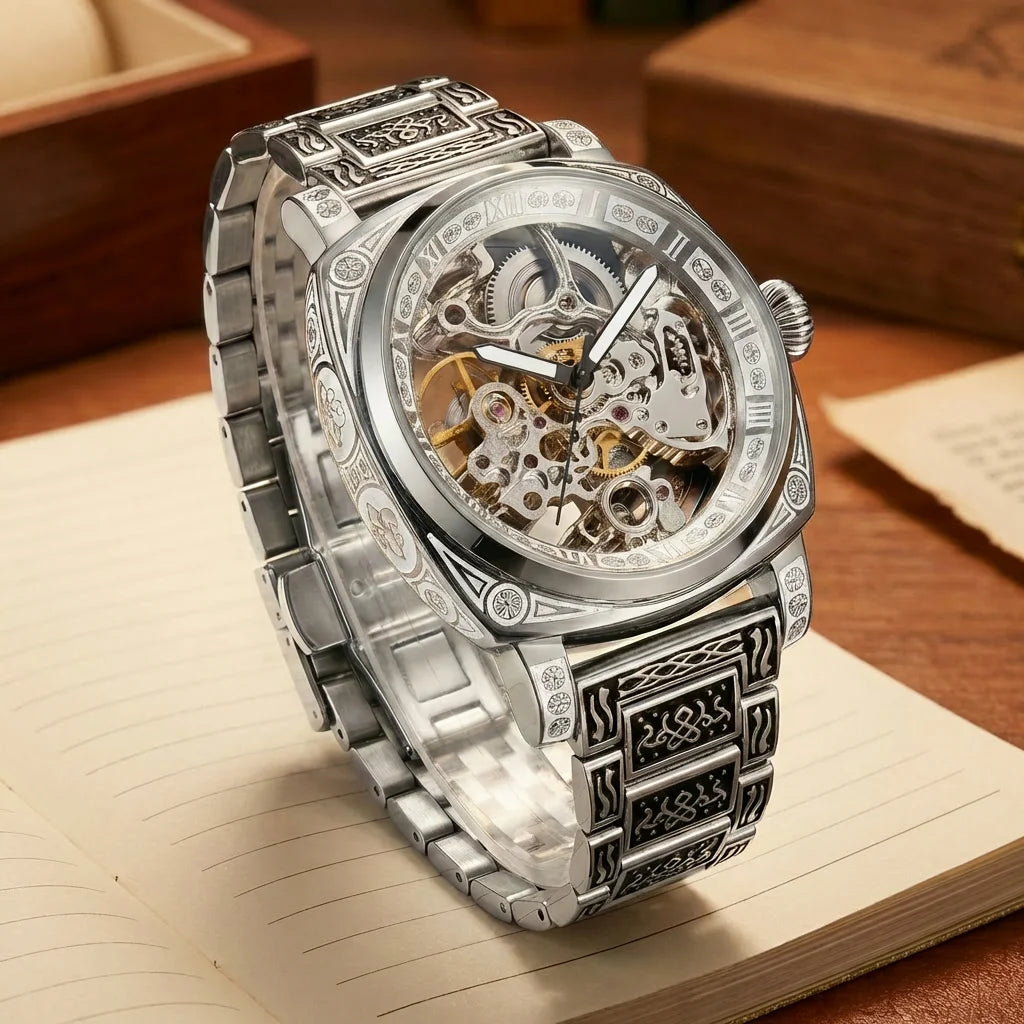 A men's fashion gentlemen's elegant pentagram rose gold and steel mechanical watch