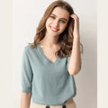Spring Autumn New Style V-Neck Thin Knitted Loose Short Sleeve Women's T-Shirt Thin Summer Top Comfortable Base Layer Shirt