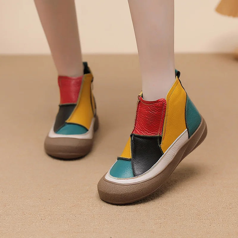 Comfortable Casual Women's Short Boots Spring Autumn Winter Seasonal Wear Breathable Warm Leather Slip-On Shoes Color Block D...