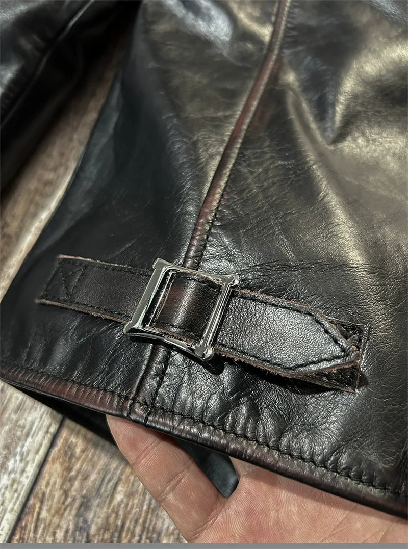 Black Winter Leather Jacket Men Vintage Style Plus Size 5XL Genuine Natural Cowhide Stand Collar Slim Fit Leather Coat