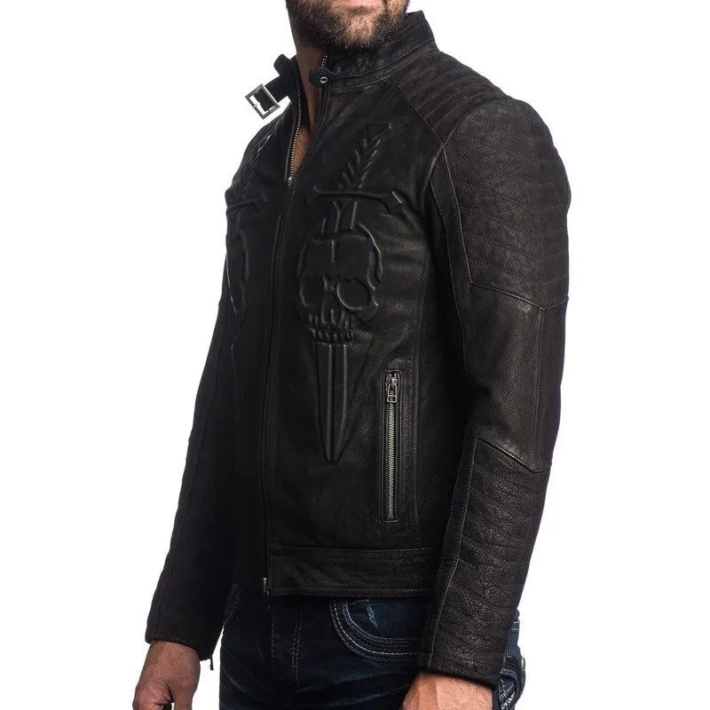 Black Winter Leather Jacket Men Vintage Style Plus Size 3XL Genuine Natural Thick Cow Suede Stand Collar Skulls Pattern Coat