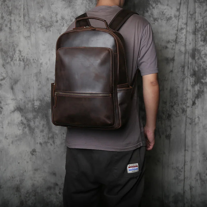 NZPJ Vintage Genuine Leather Men's Backpack Top-Grain Cowhide Large-Capacity Travel Backpack Crazy Horse Leather  Laptop Bag