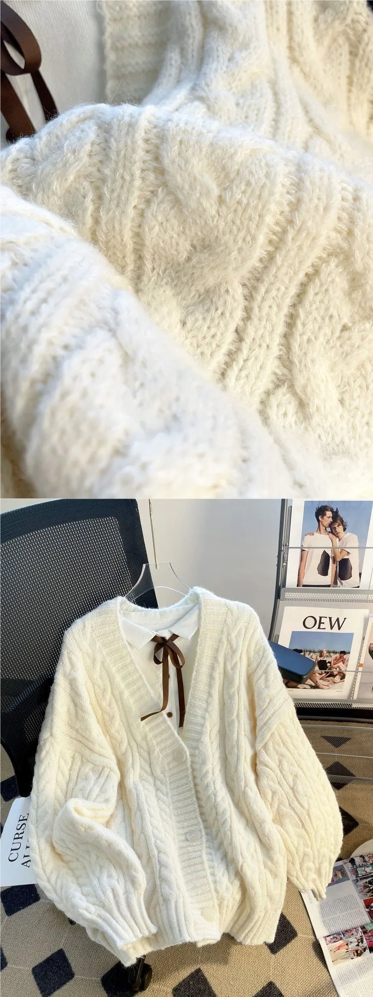 Women's Thickened Lazy Design Knitted Cardigan Sweater Outerwear Loose Princess Sleeve V-Neck Long Sleeve Autumn Winter Coat