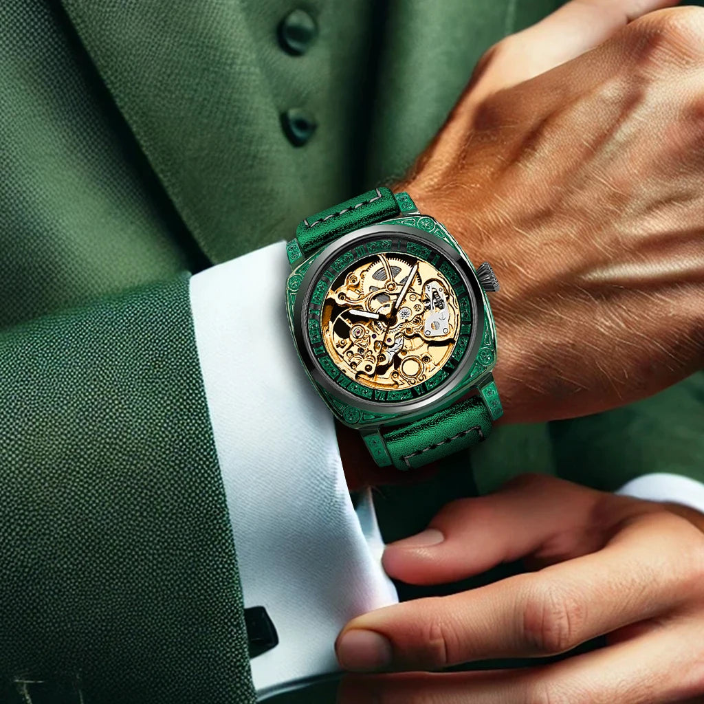 New Men's Watch with Gold Green Belt, Retro Style, Noble and Elegant Night Light Carving, Fully Automatic Mechanical Watch