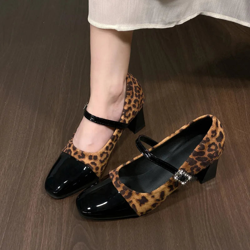 Korean Style Fashion Leopard Print Square Head Leather Color Block Rhinestone Buckle Velvet Surface Thick Heel Women's Shoes